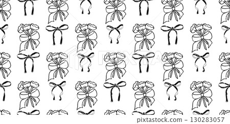 Coquette party charcoal seamless pattern. Monochrome party endless background. Girly festive bride bouquet with bows repeat cover. Surface pattern wedding design motif. Vector hand drawn illustration Coquette party charcoal seamless pattern. Monochrome party endless background. Girly festive bride bouquet with bows repeat cover. Surface pattern wedding design motif. Vector hand drawn illustration 130283057