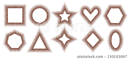 Coffee gradation geometric shapes frames set. Grainy textured chocolate borders in star, heart, oval forms. Ground arabica powder text boxes isolated on white background. Vector graffiti illustration Coffee gradation geometric shapes frames set. Grainy textured chocolate borders in star, heart, oval forms. Ground arabica powder text boxes isolated on white background. Vector graffiti illustration 130283067