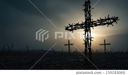 Barbed wire cross in foggy field of grief, a historical grief, silent grief Barbed wire cross in foggy field of grief, a historical grief, silent grief 130283068
