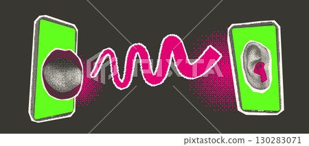 Digital communication. Podcast or online education of foreign language halftone elements. Collage with pixel and phones, speaking or screaming mouth and ear magazine cutouts. Vector fake news stickers 130283071