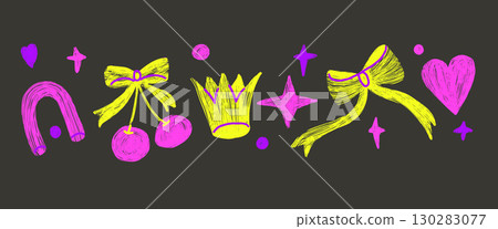 Neon colors coquette highlights set. Naive vibrant colors doodle figures on dark background. Crown, cherry, heart and bow collage elements. Vector girly punk illustration by pencil Neon colors coquette highlights set. Naive vibrant colors doodle figures on dark background. Crown, cherry, heart and bow collage elements. Vector girly punk illustration by pencil 130283077