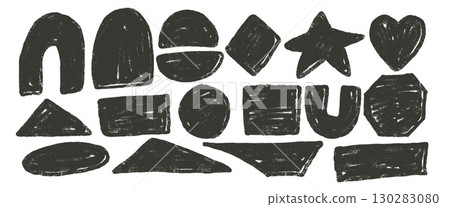 Arch, star and geometric textured geometric shape set. Text boxes handmade frames. Vector hand drawn charcoal quotation triangles and semicircle stickers shapes. Brush ink figures illustration 130283080