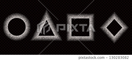Graffiti spray paint geometric shapes frames set. Grainy noise textured white sugar y2k borders elements. Chalk spread triangle, rectangle, rhombus and circle dotwork. Vector gritty geometry callouts 130283082