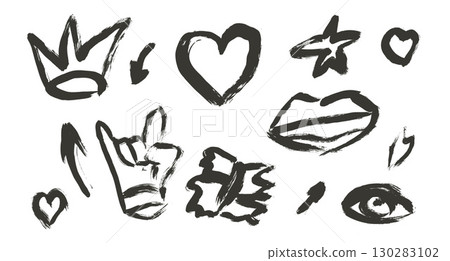 Crown, heart, lips brush graffiti drawn set. Black paint hand drawn elements isolated on white background. Grunge texture arrow, horns shapes. Urban street scribbles. Vector illustration Crown, heart, lips brush graffiti drawn set. Black paint hand drawn elements isolated on white background. Grunge texture arrow, horns shapes. Urban street scribbles. Vector illustration 130283102