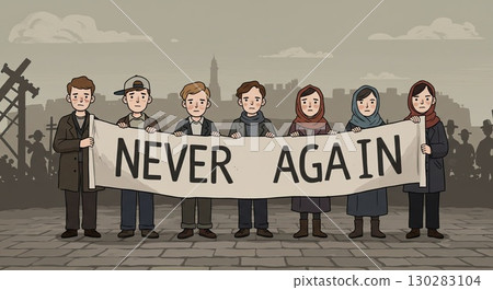 Children hold slogan of remembrance, a powerful historical slogan for peace 130283104