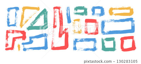 Multi colors geometric shapes brush stroke set. Painted triangles and squares isolated on transparent background. Grunge rough textured shapes. Urban street geometry figures. Vector illustration 130283105