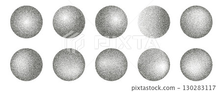 Noise round element set. Grunge dotwork gradient circles. Black shapes of dots texture. Planet sand diffuse effect callouts. Vector ink paint spray orbs icon isolated on transparent background. 130283117