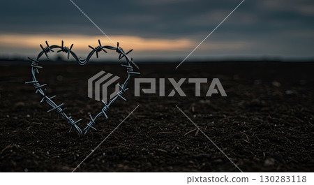 Barbed wire heart on dark soil symbolizes sorrow, deep sorrow of war victims 130283118