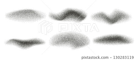 Charcoal noise gradient wave splashes. Abstract black dotwork grain textured elements. Stipple sand effect dynamic lines set. Fluid grain dots from isolated on white background. Vector illustration Charcoal noise gradient wave splashes. Abstract black dotwork grain textured elements. Stipple sand effect dynamic lines set. Fluid grain dots from isolated on white background. Vector illustration 130283119