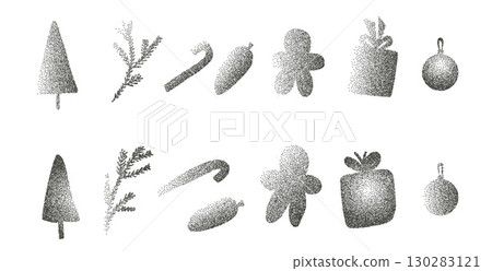Noise Christmas pair of elements set. Grunge dotwork gradient xmas tree, balls and gift boxes with gingerbread cookies. Black winter season festive shapes. Vector ink paint spray icons Noise Christmas pair of elements set. Grunge dotwork gradient xmas tree, balls and gift boxes with gingerbread cookies. Black winter season festive shapes. Vector ink paint spray icons 130283121