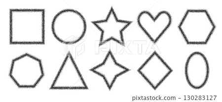 Noise geometric shapes frames set. Grainy textured black y2k frame callouts elements. Heart, rectangle, star and circle dotwork text boxes. Vector gritty stickers forms. Grunge geometry powder figures 130283127