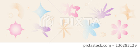 Abstract multi colors figures with grain noise gradient. Y2k retro stippling forms set. Butterfly, semicircle and star flower icons isolated on beige background. Vector gradation shapes illustration 130283129