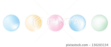 Colorful pastel gradient noise round element set. Opalescent dotwork gradation circles. Pastel pink, blue and green textured shapes. Kids sand diffuse effect callouts. Vector paint spray balls icons 130283134