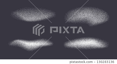 Sugar or salt powder gradient wavy dynamic shapes set.White flour textured splashes elements. Cosmetic clay dotwork. Organic scrub with dry crystal forms. Vector gritty curves. Grunge spa figures 130283136