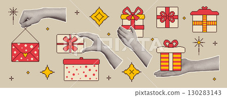 Halftone female hands holding pixel 8 bit gifts boxes collage. Holiday retro sale elements. Happy birthday, anniversary and celebration Christmas party concept. Vector isolated illustration Halftone female hands holding pixel 8 bit gifts boxes collage. Holiday retro sale elements. Happy birthday, anniversary and celebration Christmas party concept. Vector isolated illustration 130283143