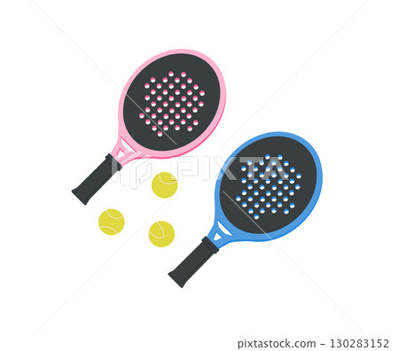 Balls and padel rackets Sport equipment for padel tennis game. Club tournament accessories in flat design. Vector illustration isolated on white background Balls and padel rackets Sport equipment for padel tennis game. Club tournament accessories in flat design. Vector illustration isolated on white background 130283152