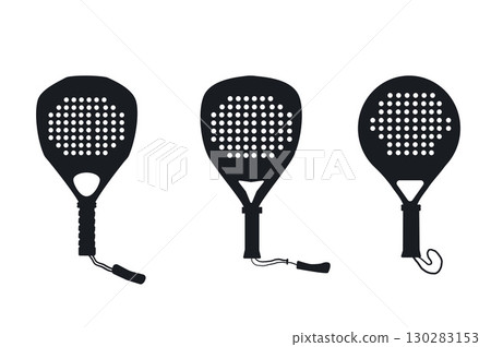 Padel rackets in different shapes. Sport equipment silhouette set. Team paddle rackets diamond, teardrop and round for club. Vector simple collection illustration isolated on transparent background 130283153