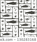 Crayon fish seamless pattern. Sardines hand drawn bento grid endless background. Nautical repeat cover. Sea patchwork continuous ornament. Surface pattern seaweeds motif. Vector kids illustration 130283168