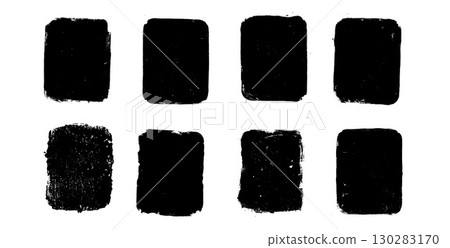 Rectangles callouts frames. Ink grunge text boxes set. Linocut rolled paint black tag. Vector handmade brayer stamp smudged texture. Rough paint decorative irregular border 130283170