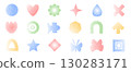 Grain various colors noise gradient geometric shape set. Y2k retro heart, drop and arch with flower forms. Gritty grunge butterfly and fish icons on white background. Vector stippling illustration 130283171