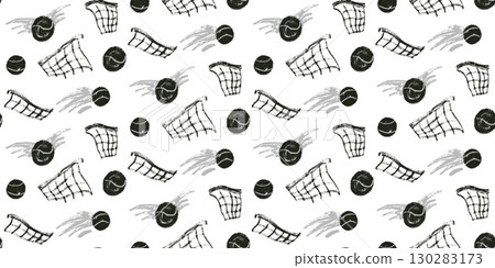 Tennis balls and net charcoal seamless pattern. Padel tennis ball shot pencil endless background. Sport court repeat cover. Fitness hobby activity continuous ornament. Vector hand drawn illustration 130283173