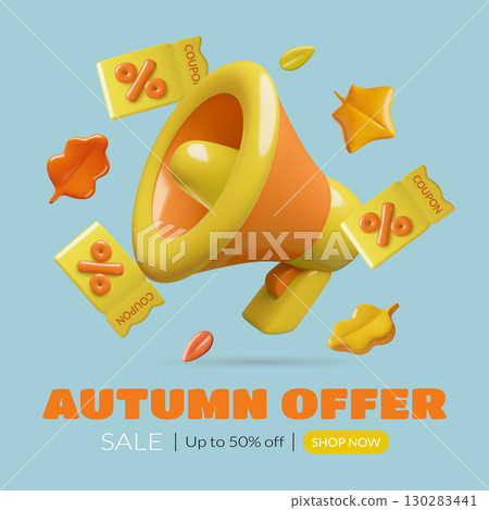Autumn seasonal sale announcement banner with a 3d loudspeaker discount coupons and red leaves Autumn seasonal sale announcement banner with a 3d loudspeaker discount coupons and red leaves 130283441