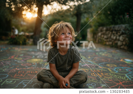 Sitting on grass and creating colorful childhood doodles at sunset 130283485