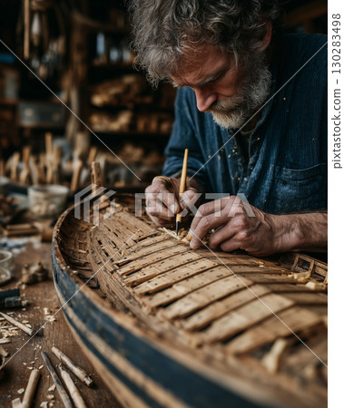 Crafting intricate details on a model boat with precision and care Crafting intricate details on a model boat with precision and care 130283498