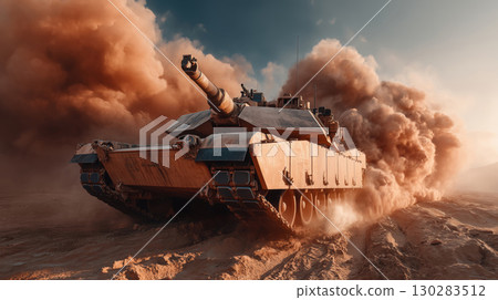 Modern battle tank maneuvers through a desert landscape during twilight hours 130283512