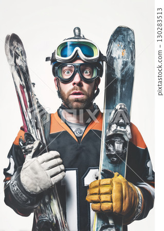 Unique ski enthusiast showcasing mismatched gear in an ingenious style Unique ski enthusiast showcasing mismatched gear in an ingenious style 130283513