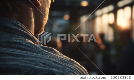 Networking event at sunset with professionals discussing finance and investments 130283598