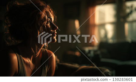 Warm sunlight illuminates a thoughtful moment in a cozy living room Warm sunlight illuminates a thoughtful moment in a cozy living room 130283601