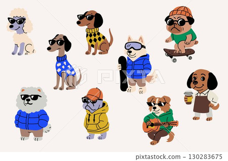 Cool Hipster Dogs in Urban Clothing Set 130283675