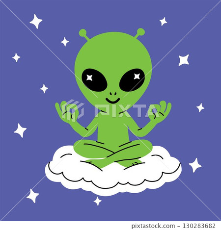 Cute green alien meditating on a cloud in outer space, cartoon illustration with stars and peaceful cosmic vibe Cute green alien meditating on a cloud in outer space, cartoon illustration with stars and peaceful cosmic vibe 130283682