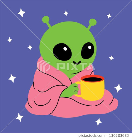 Cute green alien wrapped in a pink blanket holding a coffee mug in outer space, cozy cartoon illustration with stars Cute green alien wrapped in a pink blanket holding a coffee mug in outer space, cozy cartoon illustration with stars 130283683