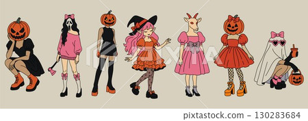 Diverse Halloween Outfits with Pumpkin and Witch Themes 130283684