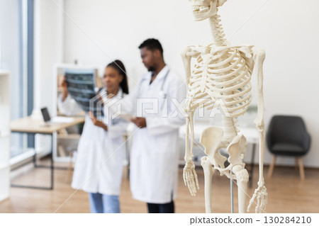 Focused male and female doctors analyzing X-ray images, medical skeleton in foreground, study environment. 130284210