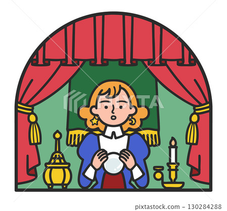 Illustration of a female fortune teller holding her hand over a crystal. Spiritual, fortune telling, mystical image 130284288