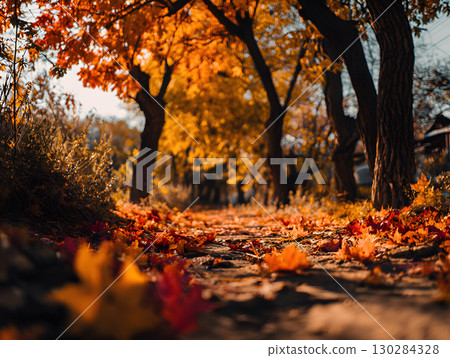 Autumn background, wallpaper with falling leaves of bright red and orange color. Neural network AI generated art 130284328