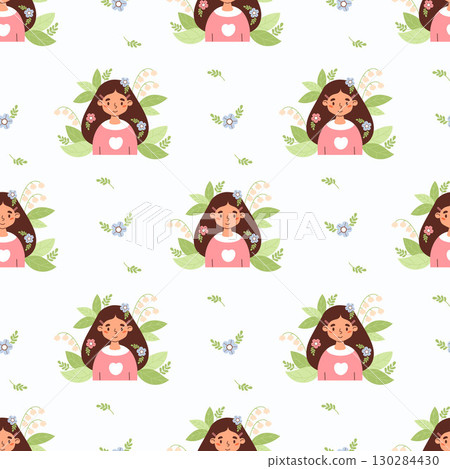 Spring seamless pattern with Cute Girl with Flower lily of the valley and Leaves on White Background. Vector illustration. Template for seasonal design, packaging, wallpaper and textile. Not AI Spring seamless pattern with Cute Girl with Flower lily of the valley and Leaves on White Background. Vector illustration. Template for seasonal design, packaging, wallpaper and textile. Not AI 130284430