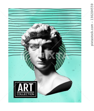 Art poster abstract. Ancient sculpture. Doodle geometric shapes. Antique David bust exhibition. Contemporary collage. Halftone print statue. Curve line flat forms. Vector creative minimalistic banner Art poster abstract. Ancient sculpture. Doodle geometric shapes. Antique David bust exhibition. Contemporary collage. Halftone print statue. Curve line flat forms. Vector creative minimalistic banner 130284559