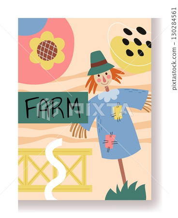 Art abstract poster. Agriculture field scarecrow. Happy farmer. Garden plant cultivation. Doodle shape collage. Flat simple farmland. Farm fence. Village banner design. Vector gardening card design Art abstract poster. Agriculture field scarecrow. Happy farmer. Garden plant cultivation. Doodle shape collage. Flat simple farmland. Farm fence. Village banner design. Vector gardening card design 130284561