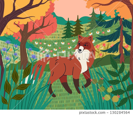 Animal forest. Wild nature. Cartoon landscape. Fox at autumn meadow. Tree orange leaves. Blooming flowers hills. Plant branch. Wildlife fauna. Vixen predator. Fall season scenery. Vector illustration Animal forest. Wild nature. Cartoon landscape. Fox at autumn meadow. Tree orange leaves. Blooming flowers hills. Plant branch. Wildlife fauna. Vixen predator. Fall season scenery. Vector illustration 130284564