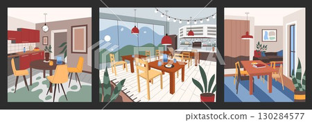 Interior cafeteria. Room for dinner. Kitchen with dining table and cooking cupboard. Cute decor cafe. Home furniture. Cozy space for breakfast and lunch. Vector tidy restaurant or apartment areas set 130284577