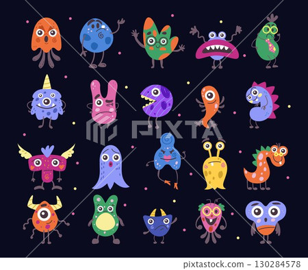 Monsters from shape. Cute cartoon mascot. Funny kid character. Colorful simple forms. Happy scary emotions. Playful children creature. Alien smiling animal. Vector tidy cartoon flat illustration 130284578