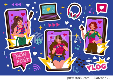 Girl blogger. Doodle phone playlist. Cartoon laptop. Digital business woman. Cute social media post. Technology internet influencer. Content creator. Influencer selfie photo. Vector tidy icons set Girl blogger. Doodle phone playlist. Cartoon laptop. Digital business woman. Cute social media post. Technology internet influencer. Content creator. Influencer selfie photo. Vector tidy icons set 130284579