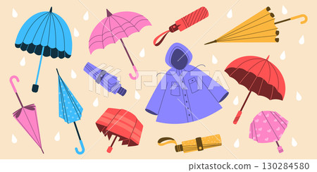 Umbrella for rain. Autumn accessories. Shelter from wet weather. Raincoat with hood. Open and folded brolly. Seasonal clothing. Rainy water drops. Doodle icons set. Vector fall garish illustration 130284580