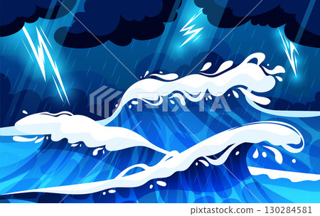 Storm sea. Ocean wave cartoon. Water splash. Rain and lightning in sky. Weather flood background. Nautical stream. Big spray effect. Night thunderstorm flash. Stormy backdrop. Vector marine garish art Storm sea. Ocean wave cartoon. Water splash. Rain and lightning in sky. Weather flood background. Nautical stream. Big spray effect. Night thunderstorm flash. Stormy backdrop. Vector marine garish art 130284581