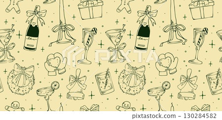 Christmas pattern seamless. Xmas champagne chalk sketch. Birthday party with prosecco. Vintage background in crayon. Retro background. Textile, wrapping, wallpaper. Print for fabric. Vector decoration Christmas pattern seamless. Xmas champagne chalk sketch. Birthday party with prosecco. Vintage background in crayon. Retro background. Textile, wrapping, wallpaper. Print for fabric. Vector decoration 130284582