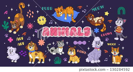 Animal retro pattern. Cute dog, funny cat. Happy character vintage style. Wool background for children. Groovy banner for kids. Cartoon design Y2K. Mascot childish. Vector tidy doodle isolated set Animal retro pattern. Cute dog, funny cat. Happy character vintage style. Wool background for children. Groovy banner for kids. Cartoon design Y2K. Mascot childish. Vector tidy doodle isolated set 130284592